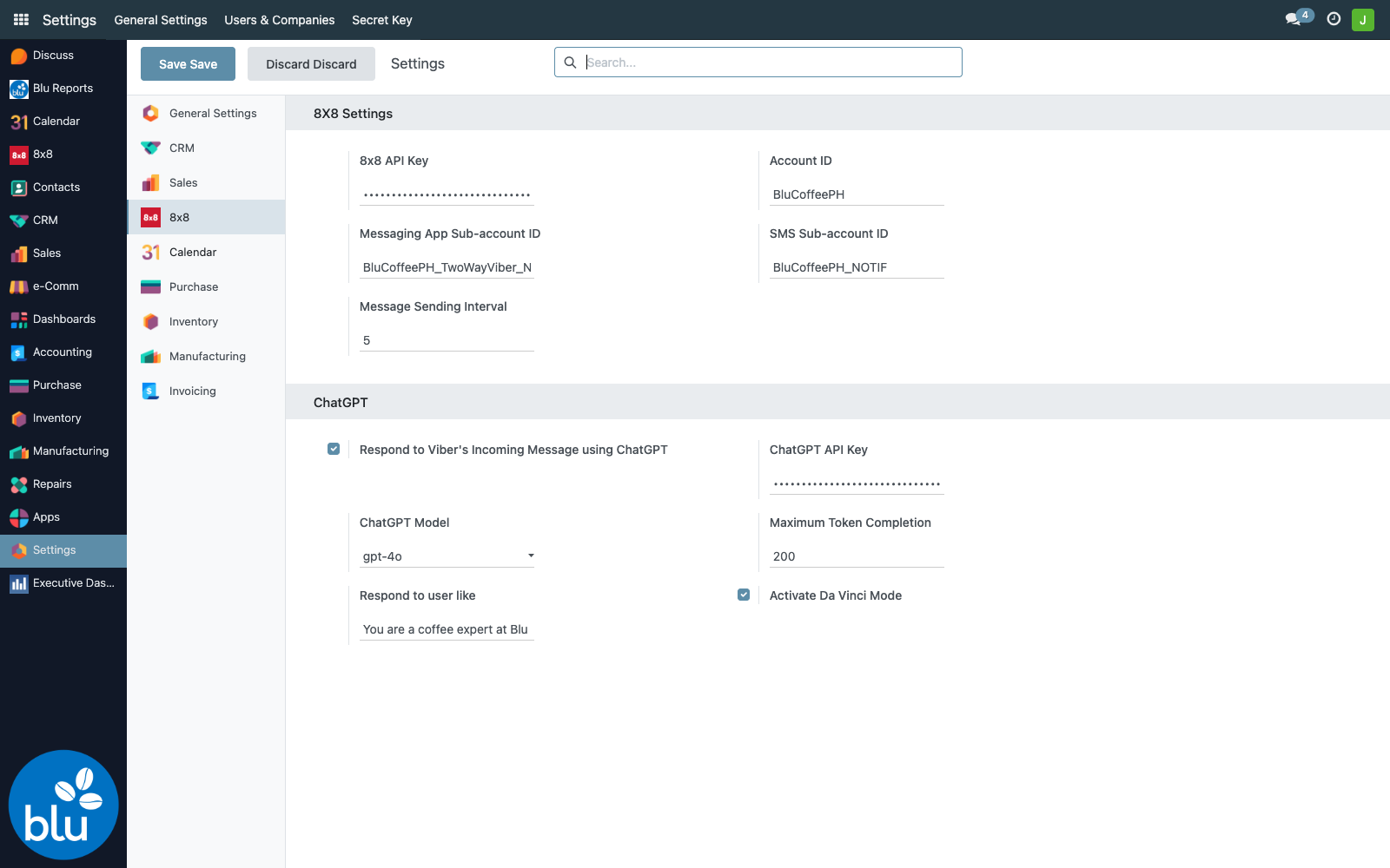 8x8 and ChatGPT settings page