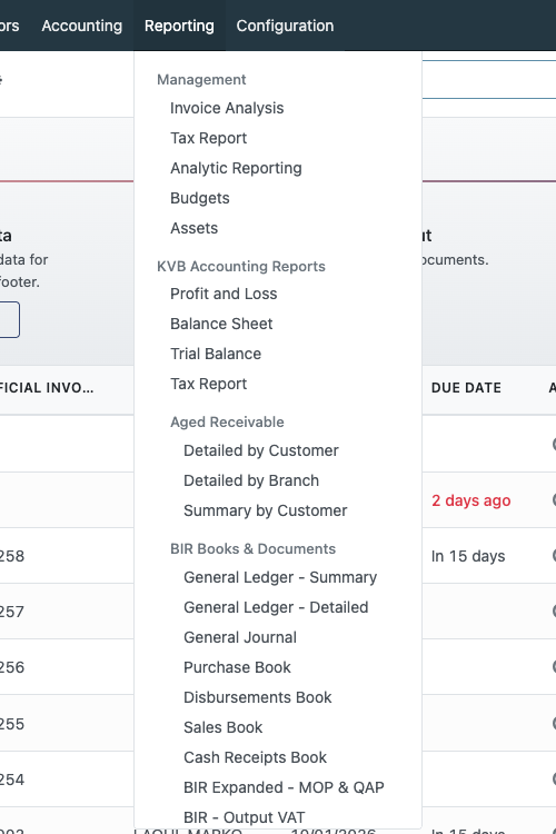 Accounting → Reporting menu with KVB Accounting Reports and BIR Books &amp; Documents