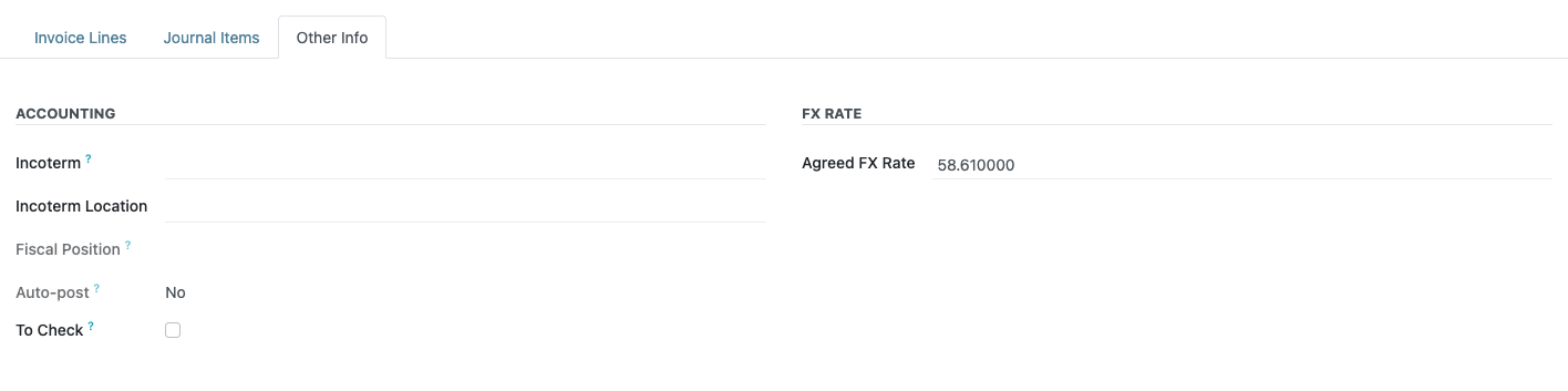 Bill Other Info tab, FX Rate group: Agreed FX Rate 58.610000