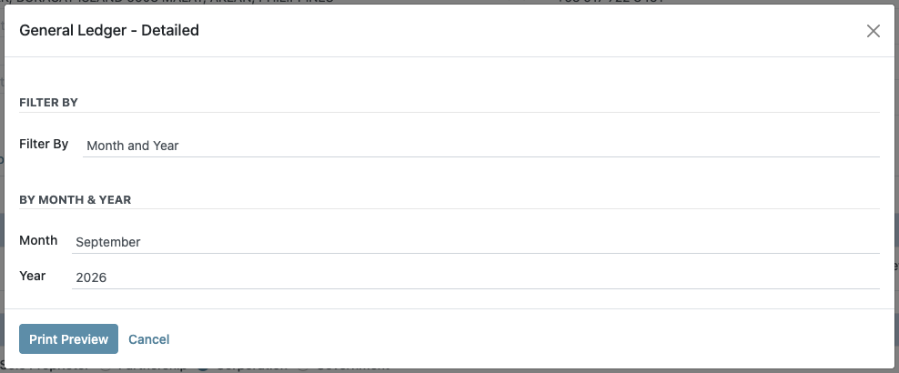 General Ledger - Detailed dialog: Filter By Month and Year, September 2026
