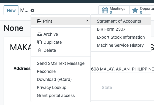 Contact gear menu, Print submenu: Statement of Accounts, BIR Form 2307, Export Stock Information, Machine Service History