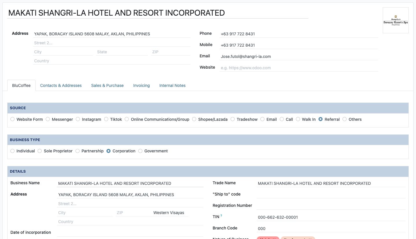 Customer profile, BluCoffee tab