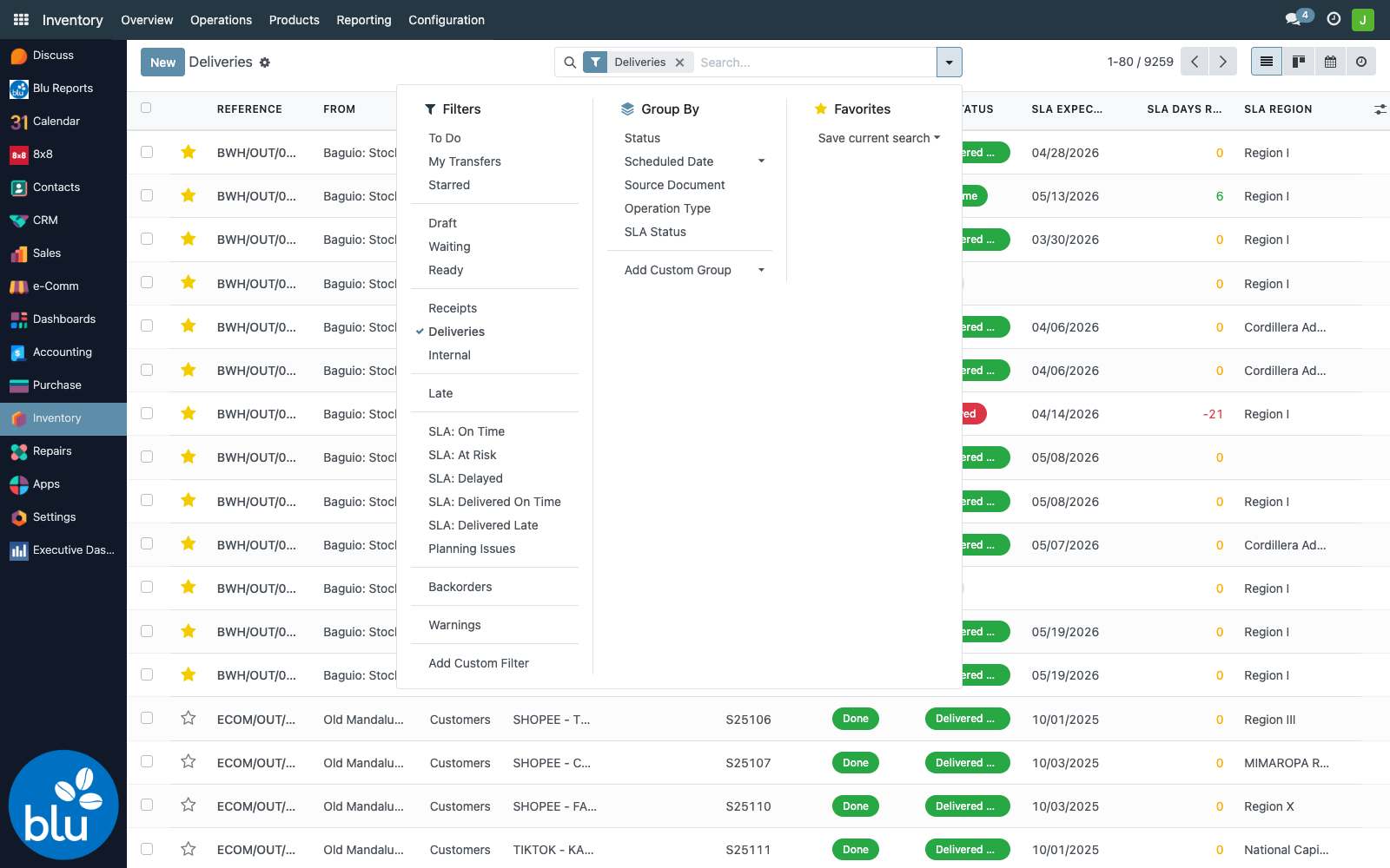 Search panel showing SLA filters and group-by