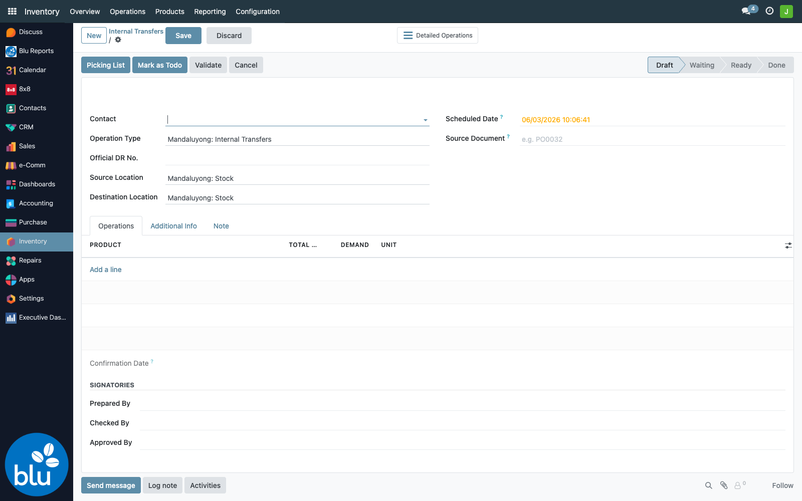 New Internal Transfer — set Source and Destination Location, then add the products
