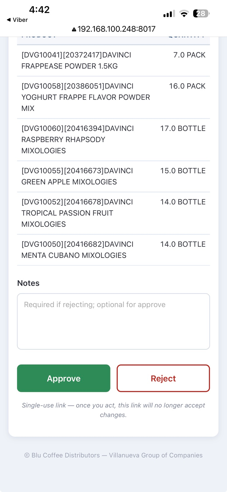 Bottom of the approval page — notes field, Approve / Reject buttons, single-use note