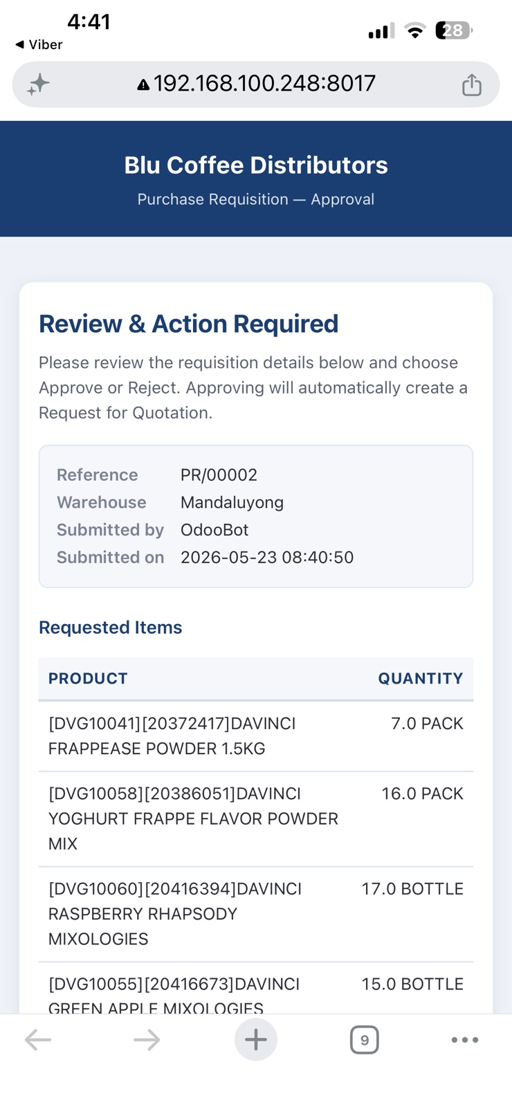 Top of the approval page — PR metadata and the requested-items table