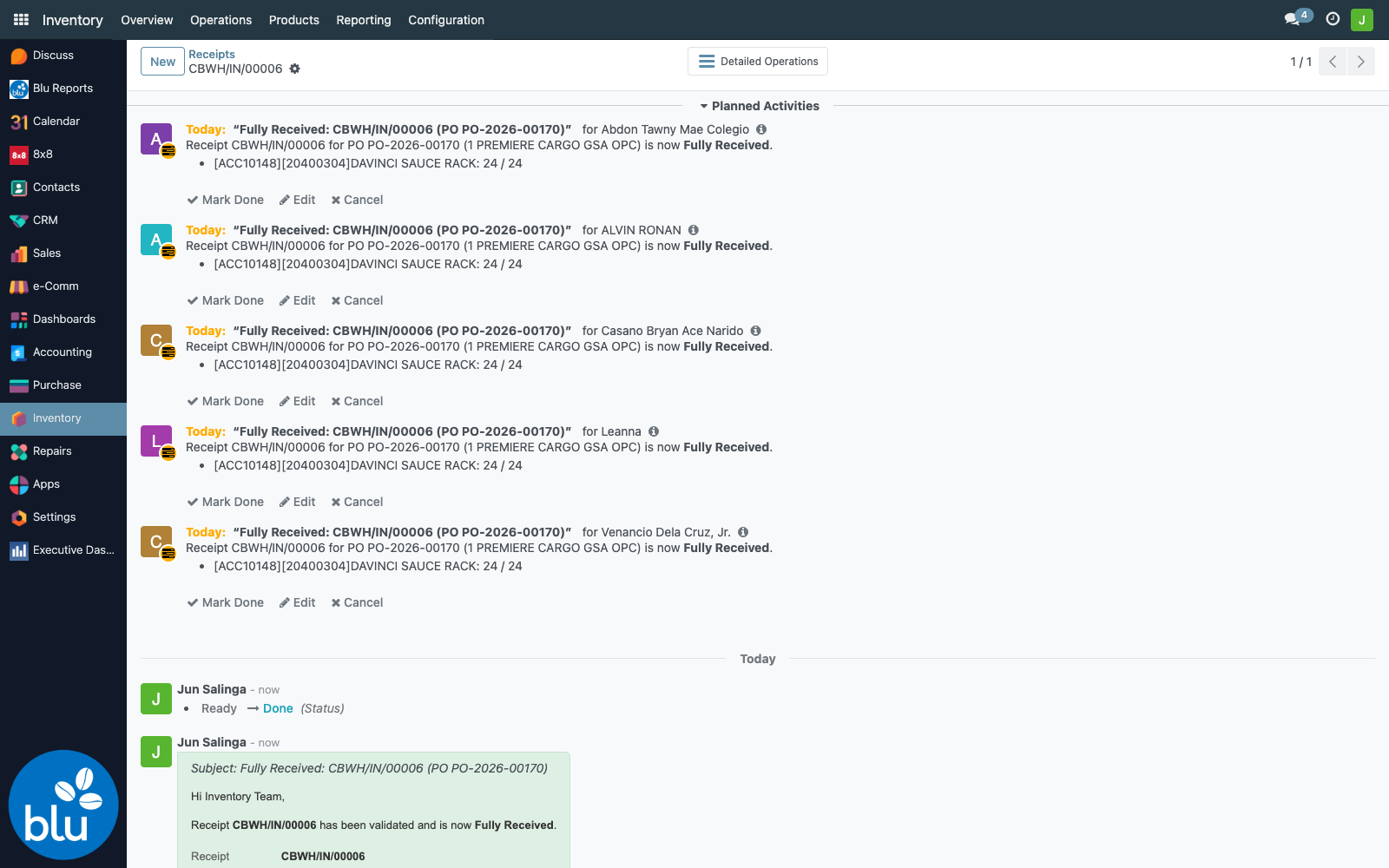 Receipt notification activities in the chatter
