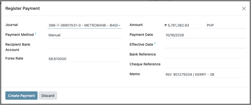 Register Payment from Metrobank Baguio (PHP): Forex Rate 58.610000, Amount ₱5,761,382.93