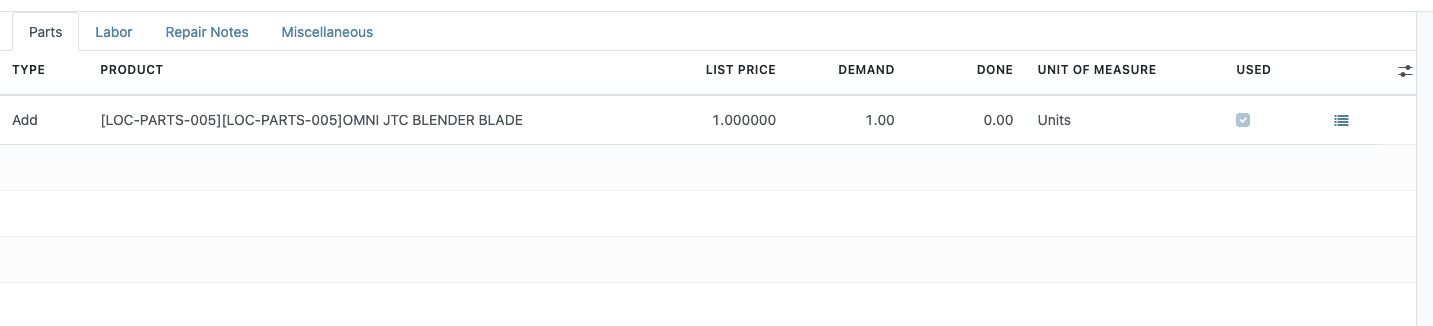 Parts tab