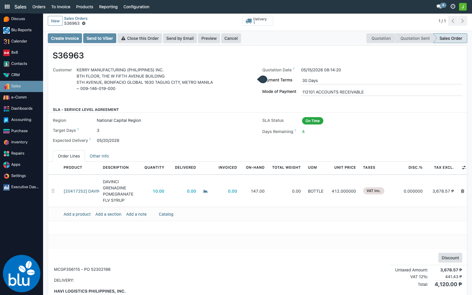 Sales Order with the Delivery smart button — confirm, deliver, then invoice
