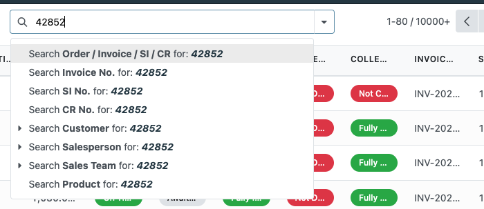 Search by invoice, SI or CR number