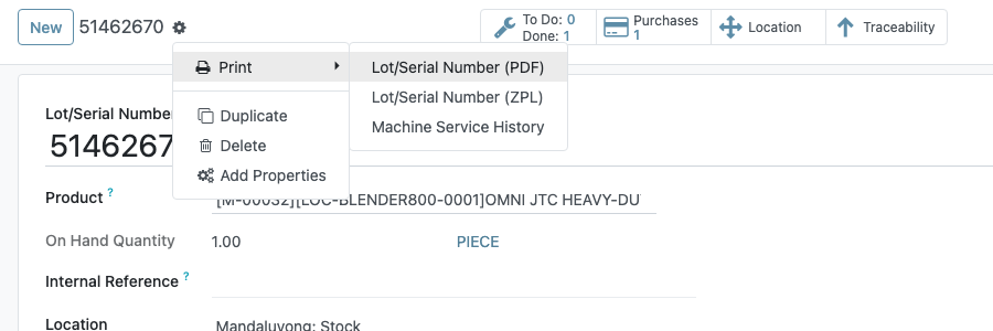 Print menu on a lot/serial number