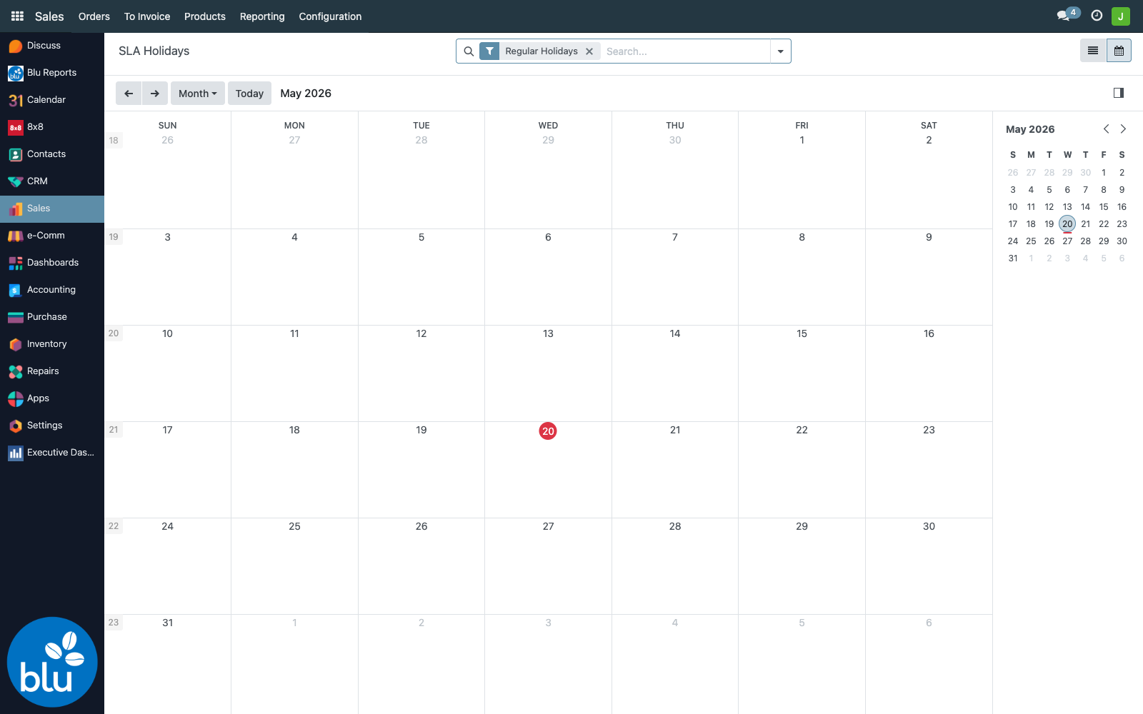 SLA Holidays calendar view