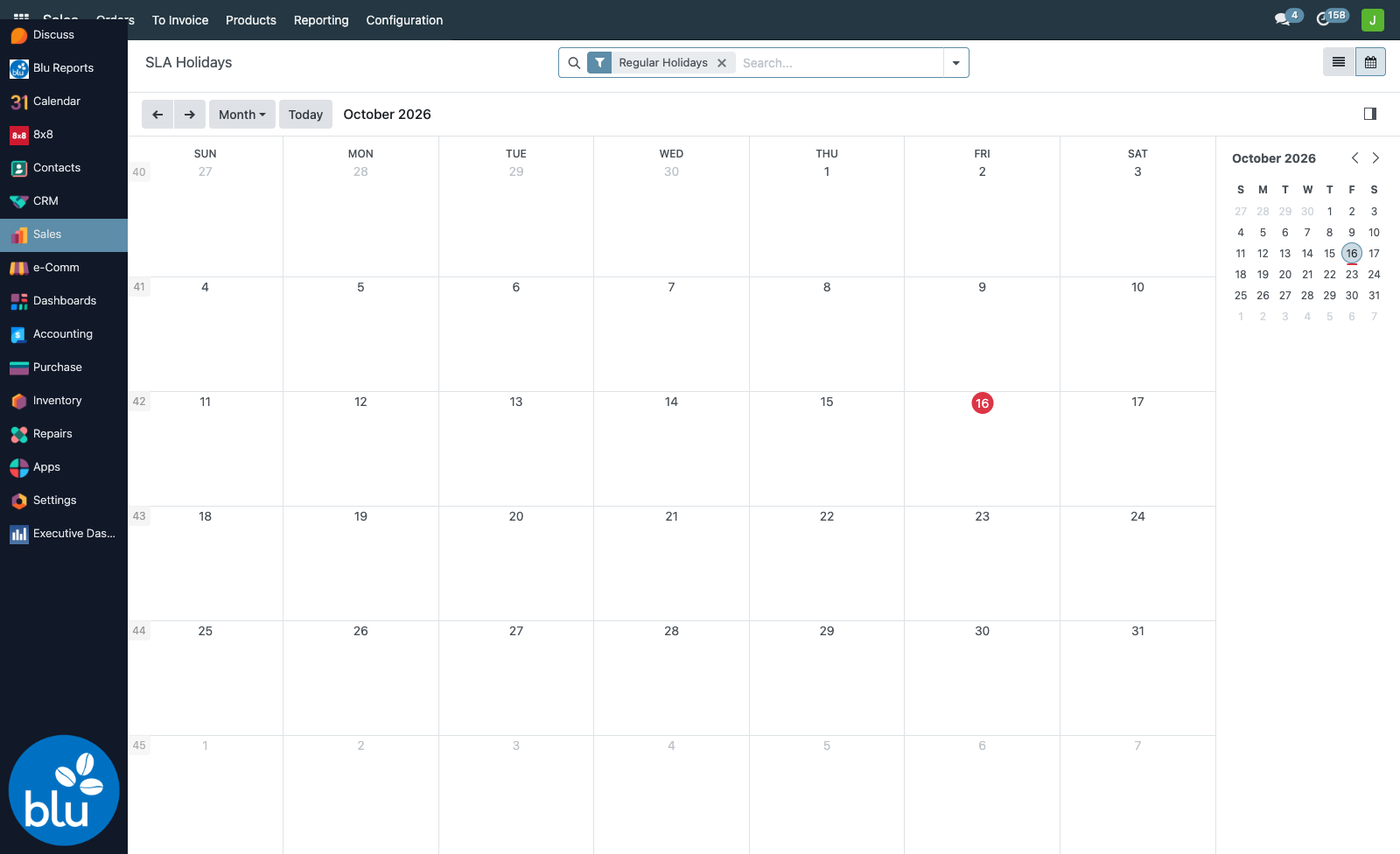 SLA Holidays calendar view