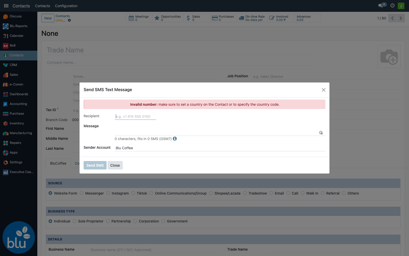 SMS composer with Sender Account selector