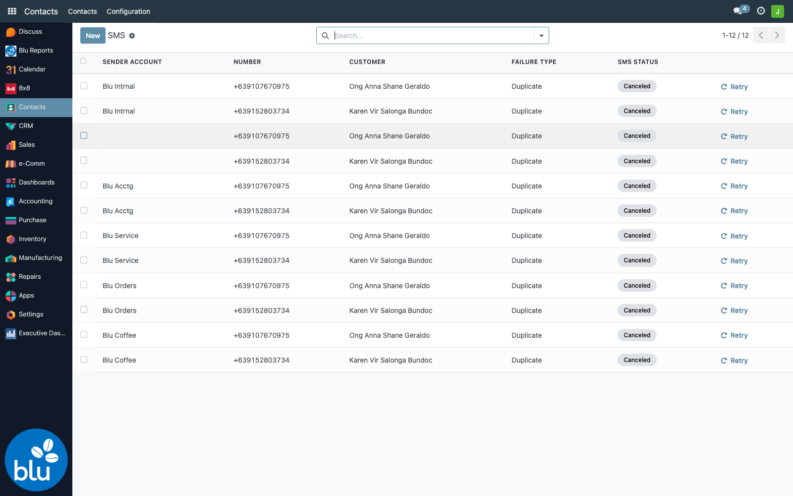 SMS log with sender account column