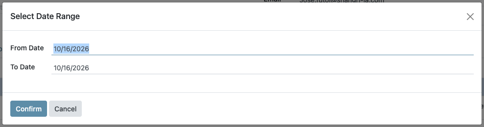 Select Date Range dialog with From Date and To Date, both today