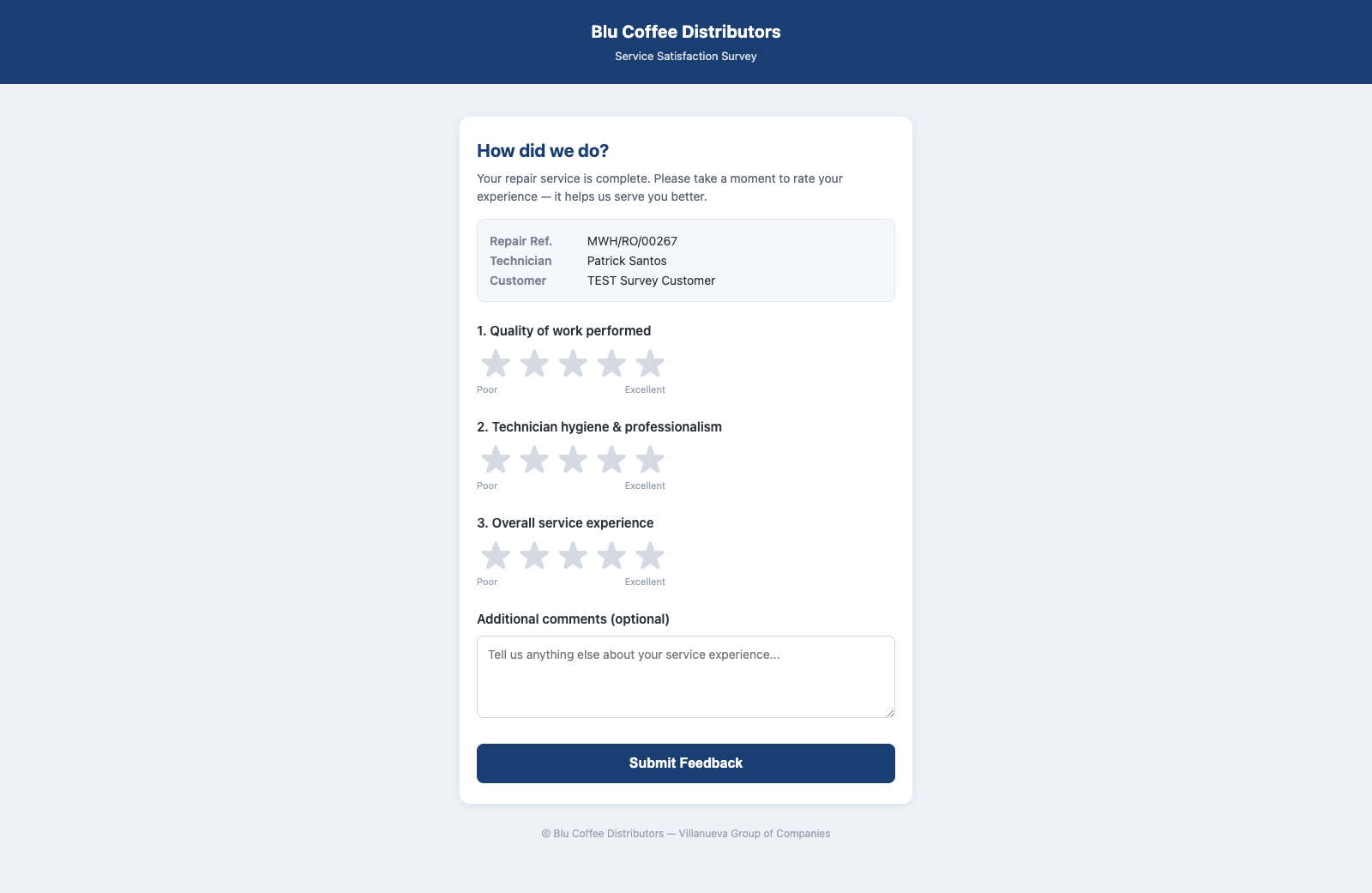 Public survey page the customer fills in