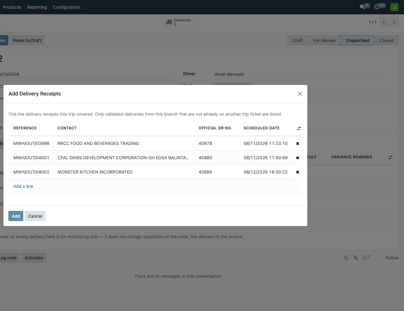 Add Delivery Receipts wizard