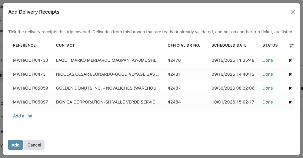 Add Delivery Receipts wizard