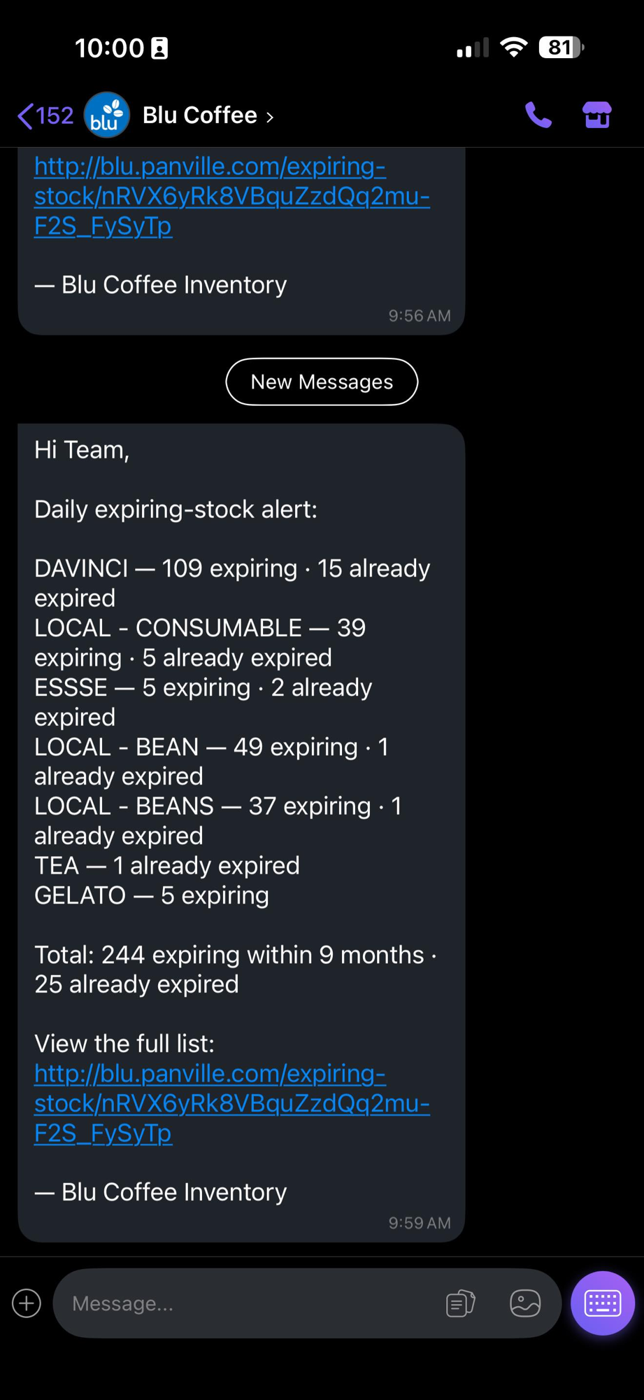 The daily expiring-stock alert as it arrives in Viber