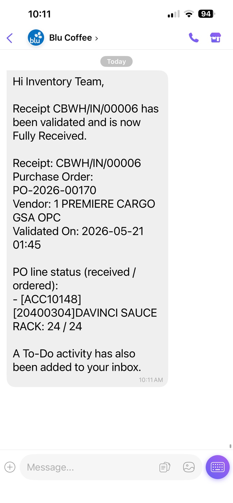 Receipt notification Viber message on a phone
