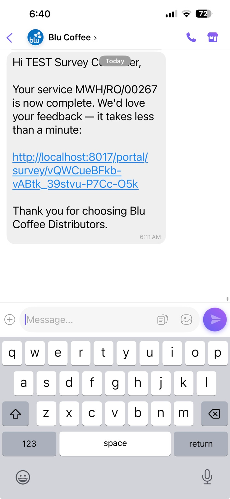 Survey link message in the customer's Viber